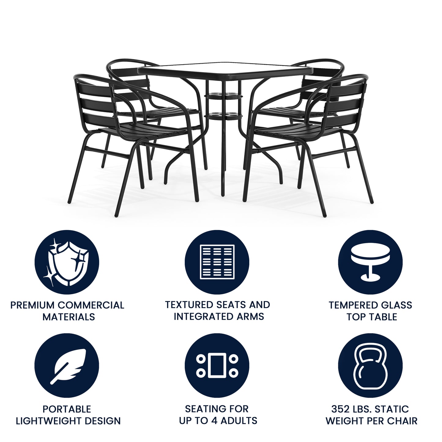 Lila 31.5'' Square Glass Metal Table with 4 Black Metal Aluminum Slat Stack Chairs Black