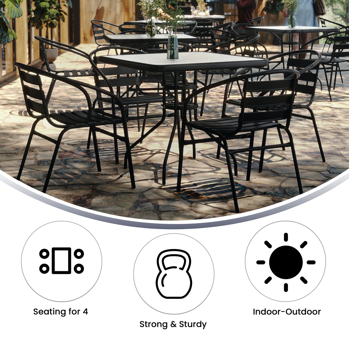 Lila 31.5'' Square Glass Metal Table with 4 Black Metal Aluminum Slat Stack Chairs Black