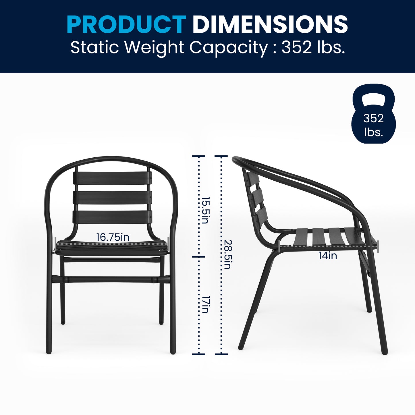 Lila 31.5'' Square Glass Metal Table with 4 Black Metal Aluminum Slat Stack Chairs Black