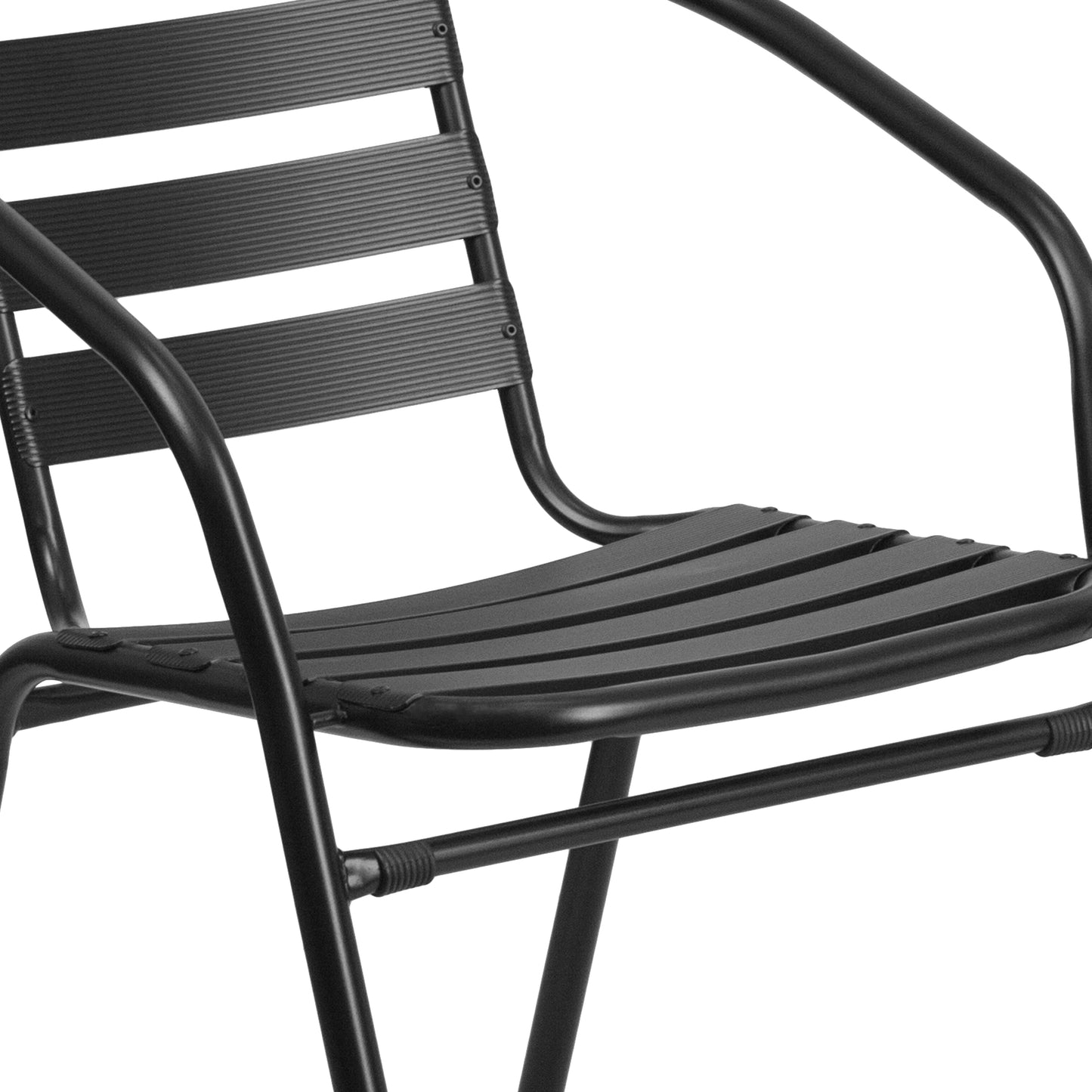 Lila 31.5'' Square Glass Metal Table with 4 Black Metal Aluminum Slat Stack Chairs Black