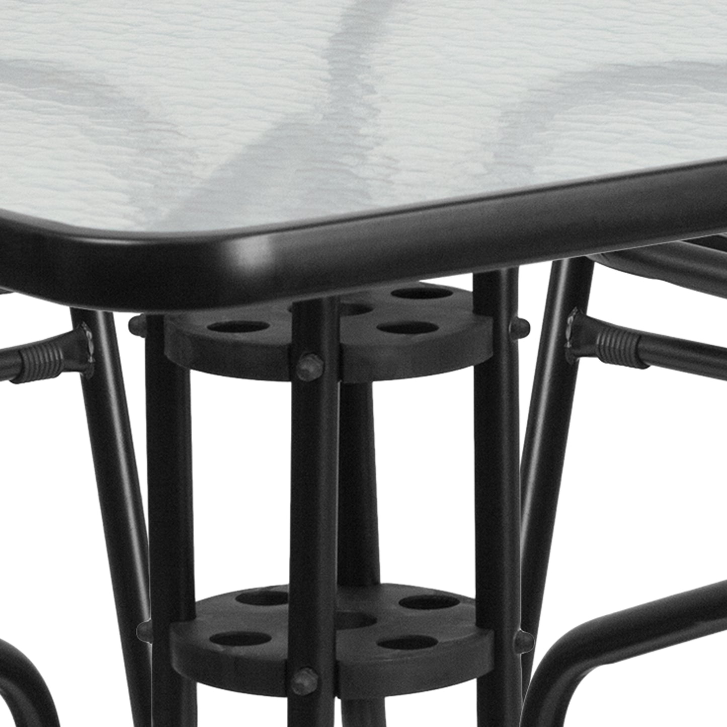 Lila 31.5'' Square Glass Metal Table with 4 Black Metal Aluminum Slat Stack Chairs Black