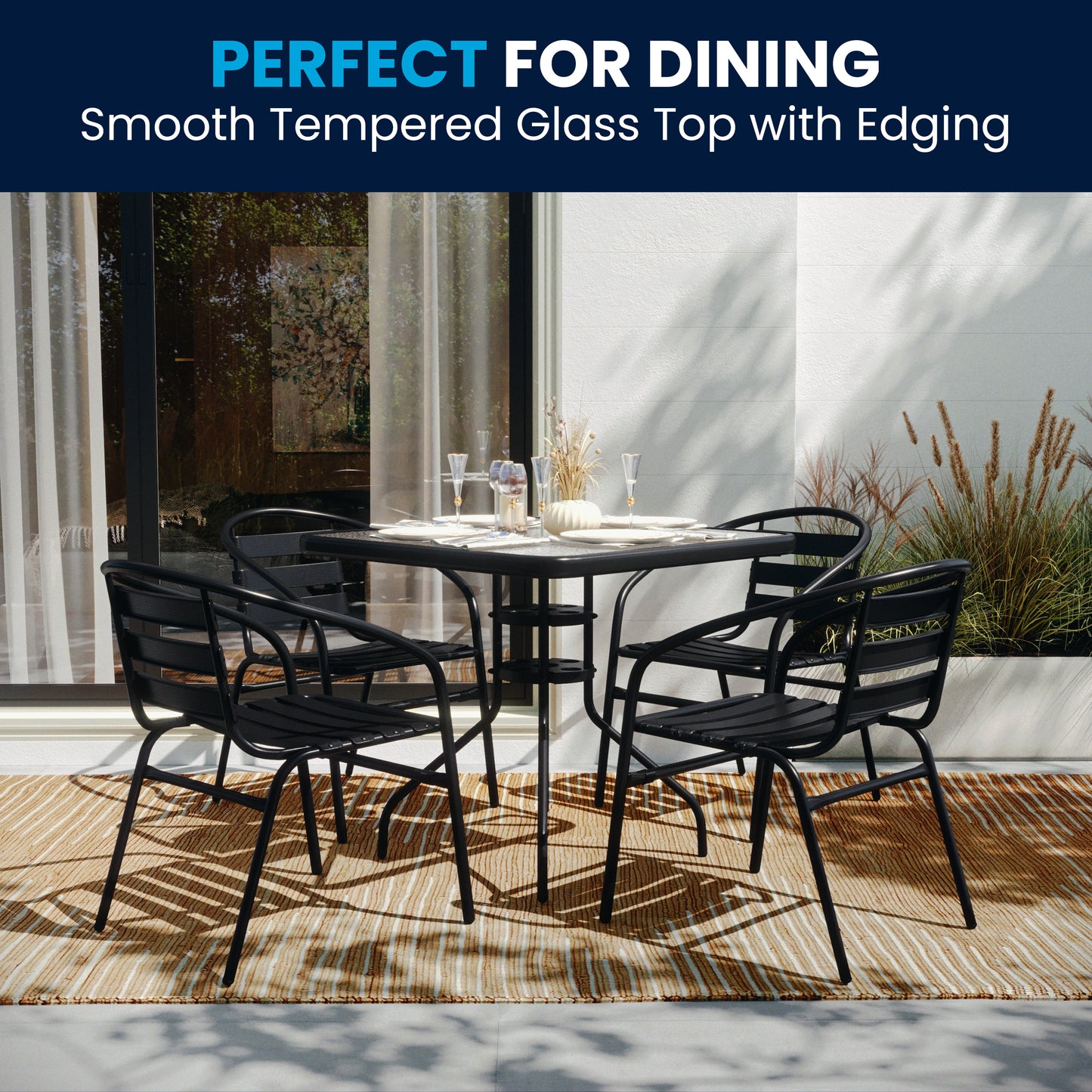 Lila 31.5'' Square Glass Metal Table with 4 Black Metal Aluminum Slat Stack Chairs Black