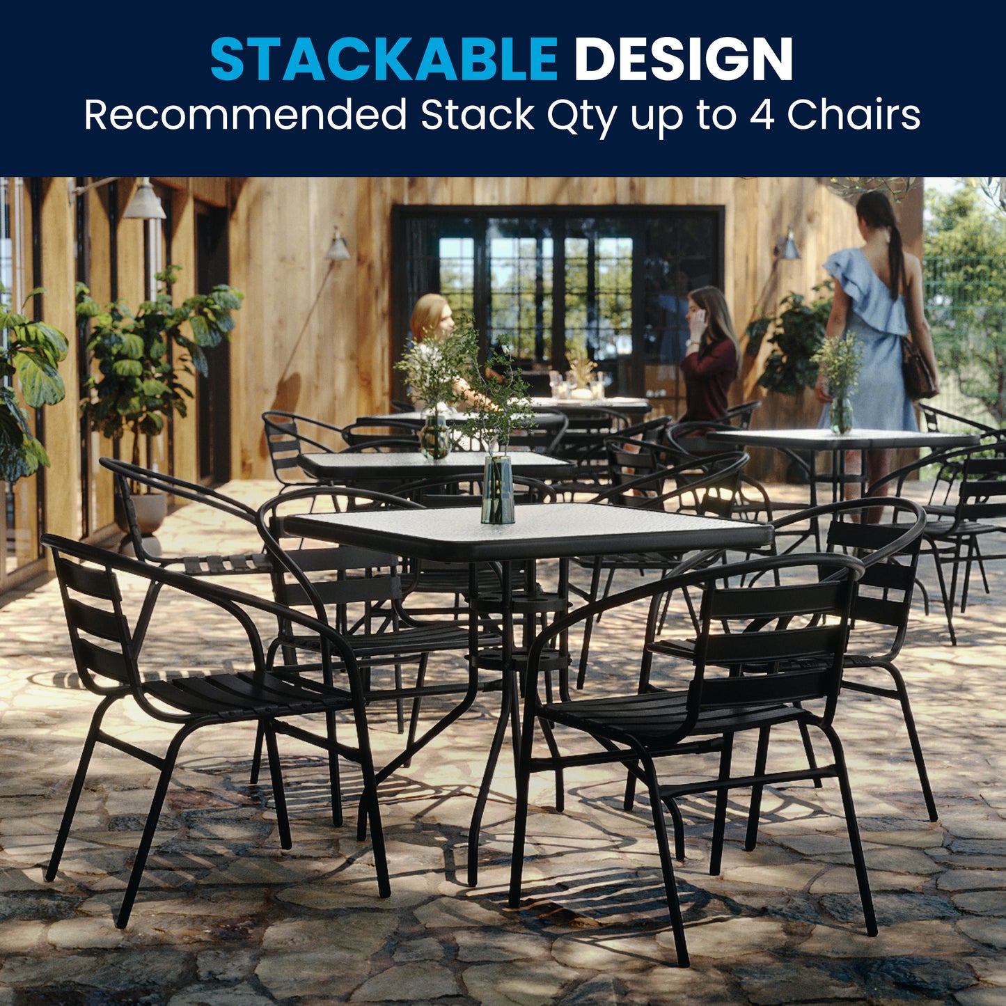 Lila 31.5'' Square Glass Metal Table with 4 Black Metal Aluminum Slat Stack Chairs Black