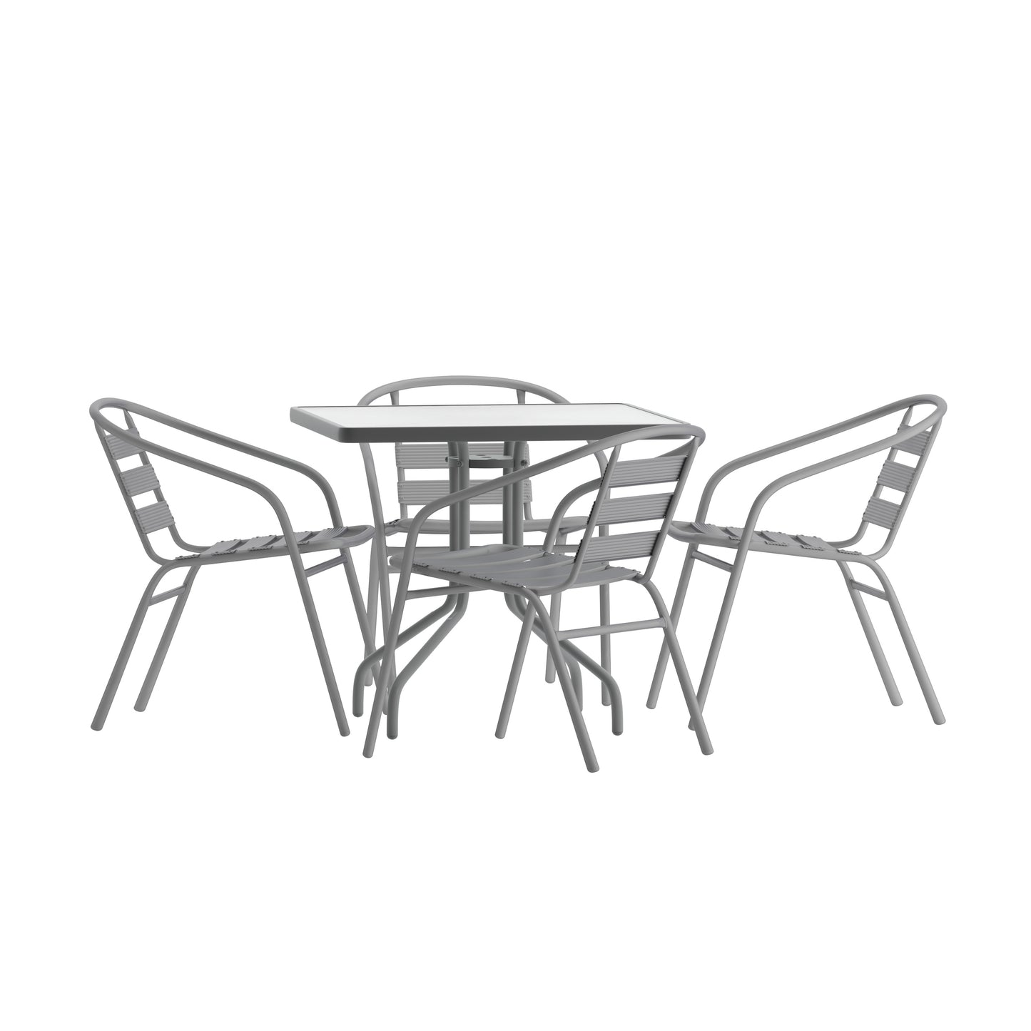 Lila 31.5'' Square Glass Top Metal Table with 4 Silver Aluminum Slat Stack Chairs Silver