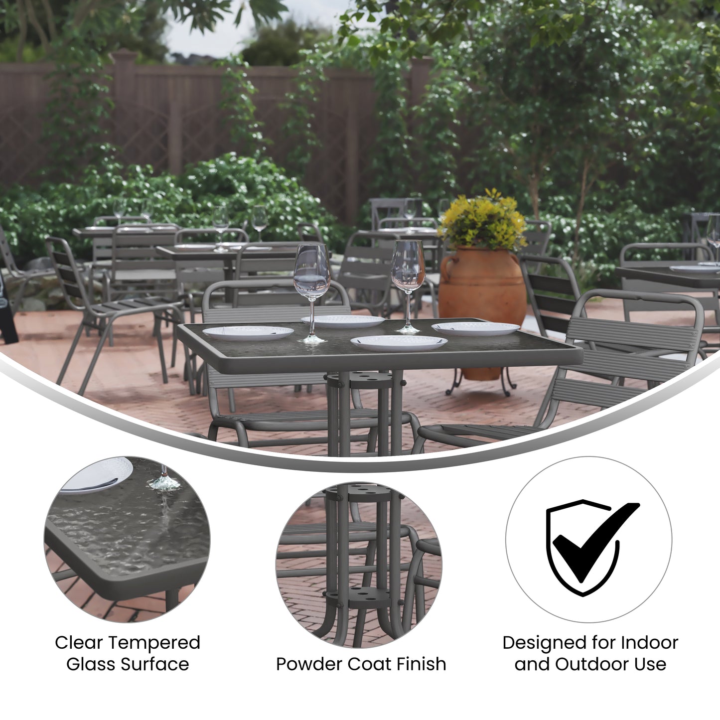Lila 31.5'' Square Glass Top Metal Table with 4 Silver Aluminum Slat Stack Chairs Silver