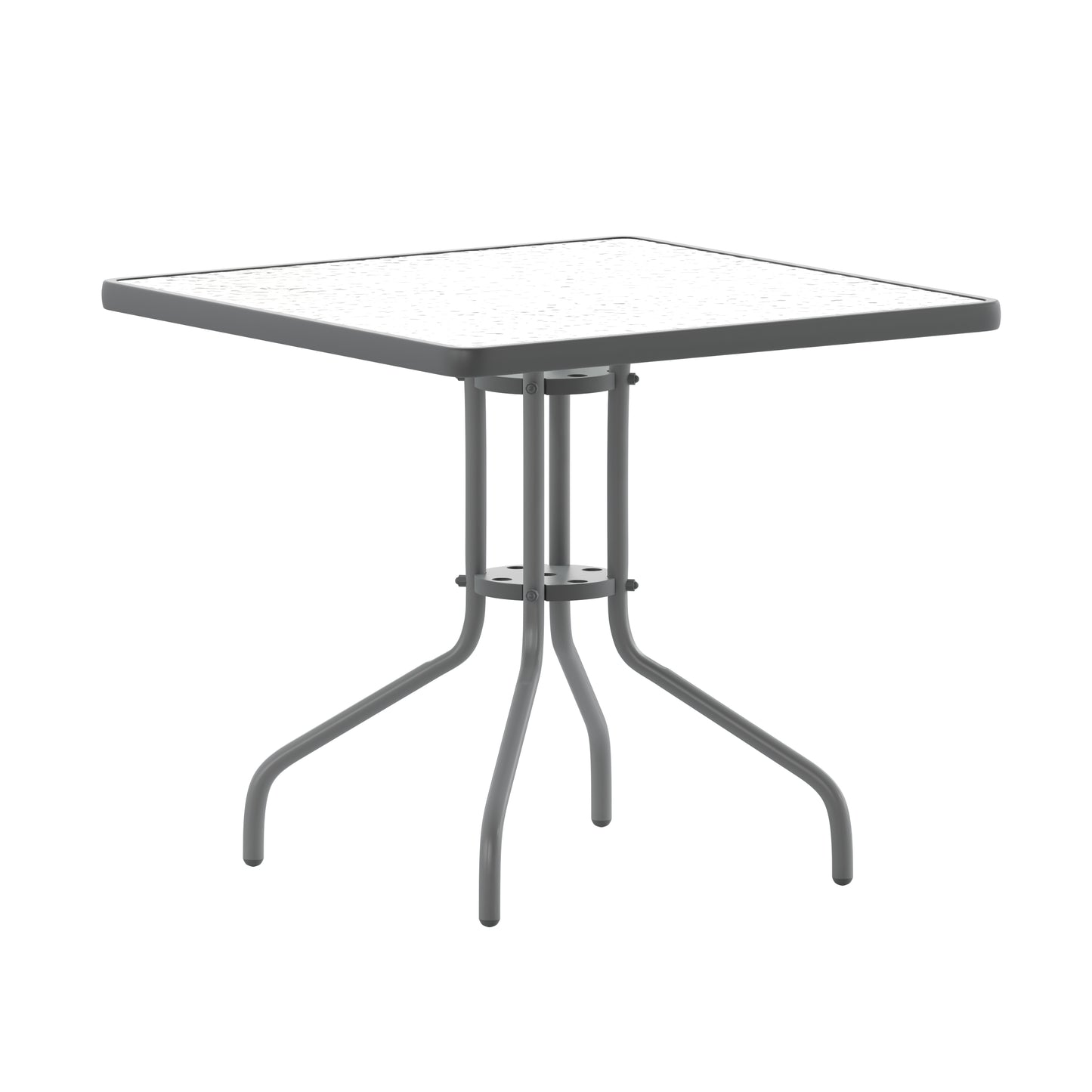 Lila 31.5'' Square Glass Top Metal Table with 4 Silver Aluminum Slat Stack Chairs Silver