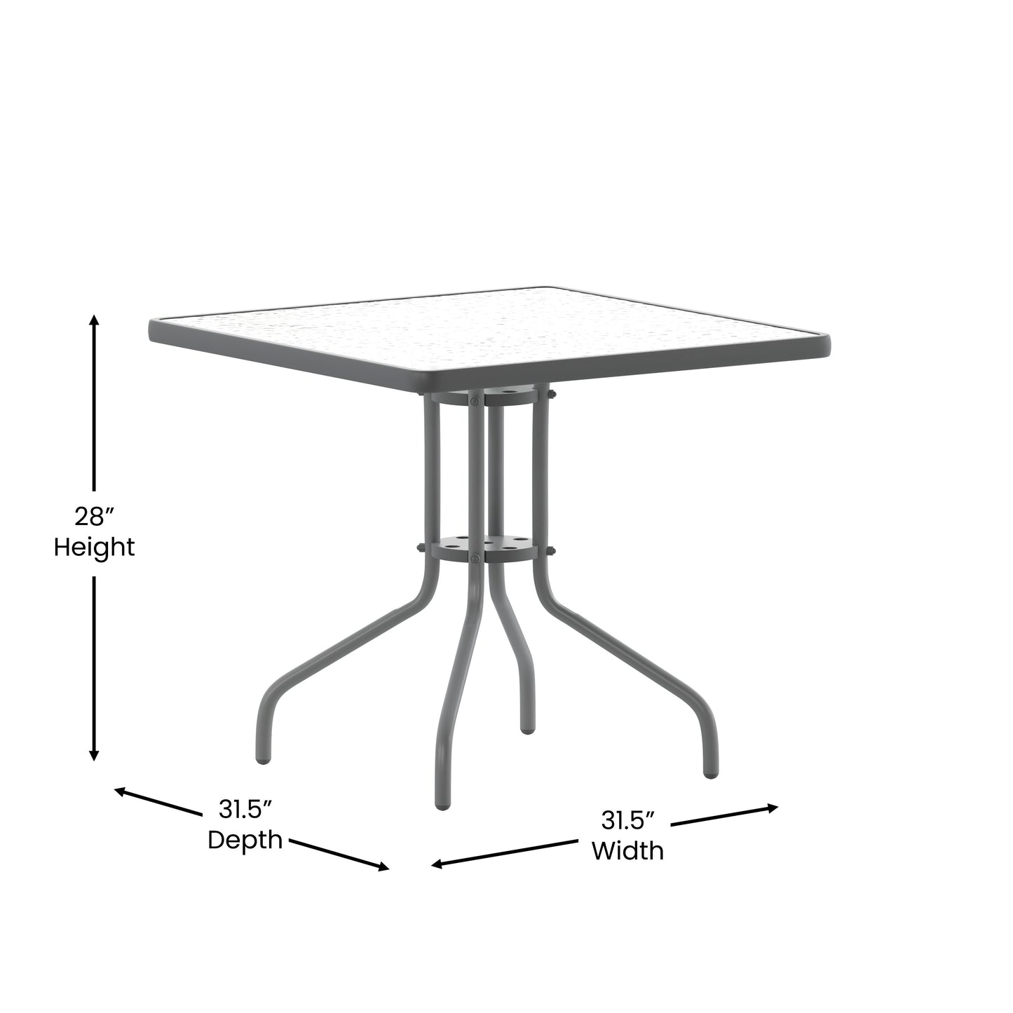 Lila 31.5'' Square Glass Top Metal Table with 4 Silver Aluminum Slat Stack Chairs Silver