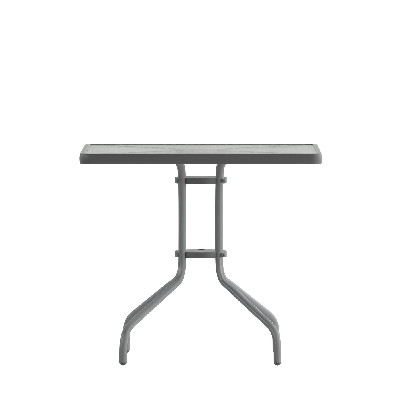 Lila 31.5'' Square Glass Top Metal Table with 4 Silver Aluminum Slat Stack Chairs Silver