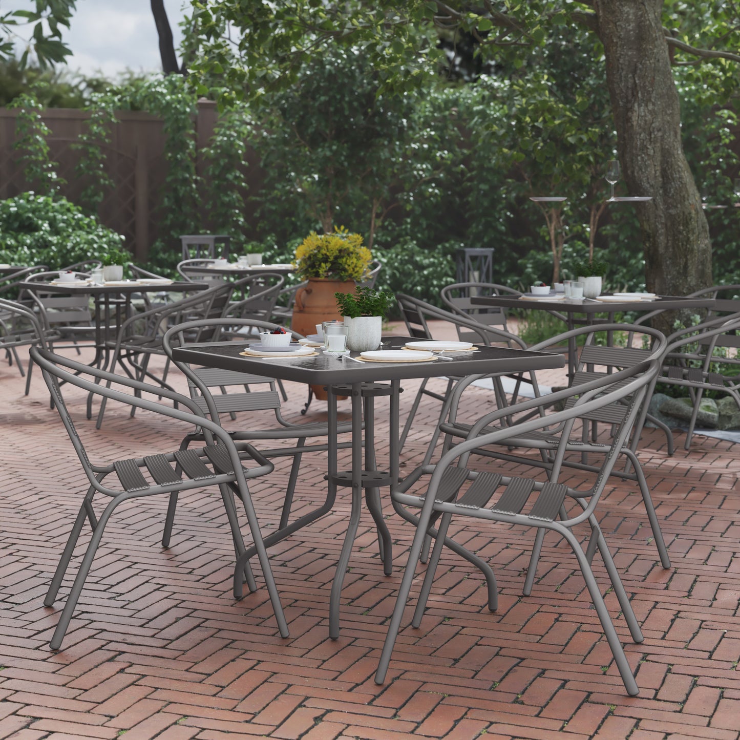 Lila 31.5'' Square Glass Top Metal Table with 4 Silver Aluminum Slat Stack Chairs Silver