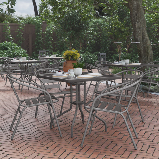 Lila 31.5'' Square Glass Top Metal Table with 4 Silver Aluminum Slat Stack Chairs Silver