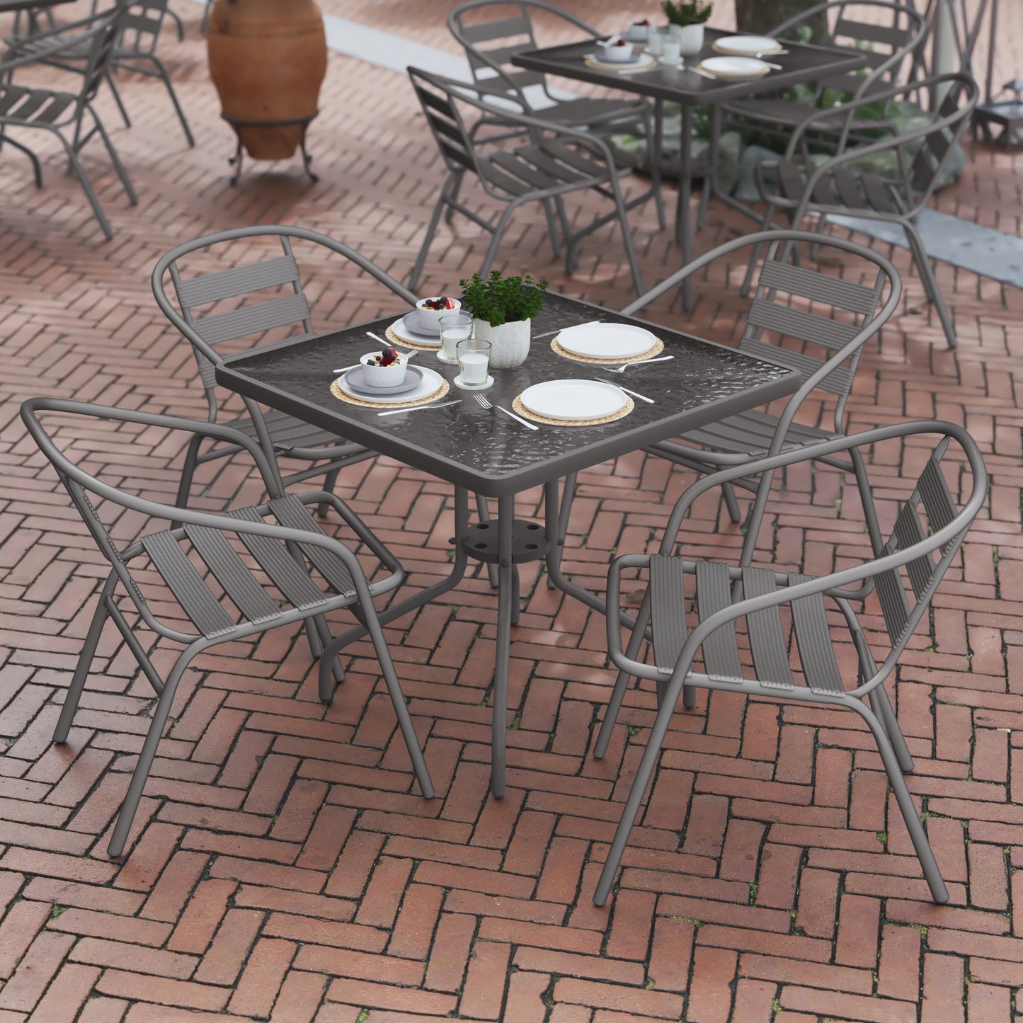 Lila 31.5'' Square Glass Top Metal Table with 4 Silver Aluminum Slat Stack Chairs Silver