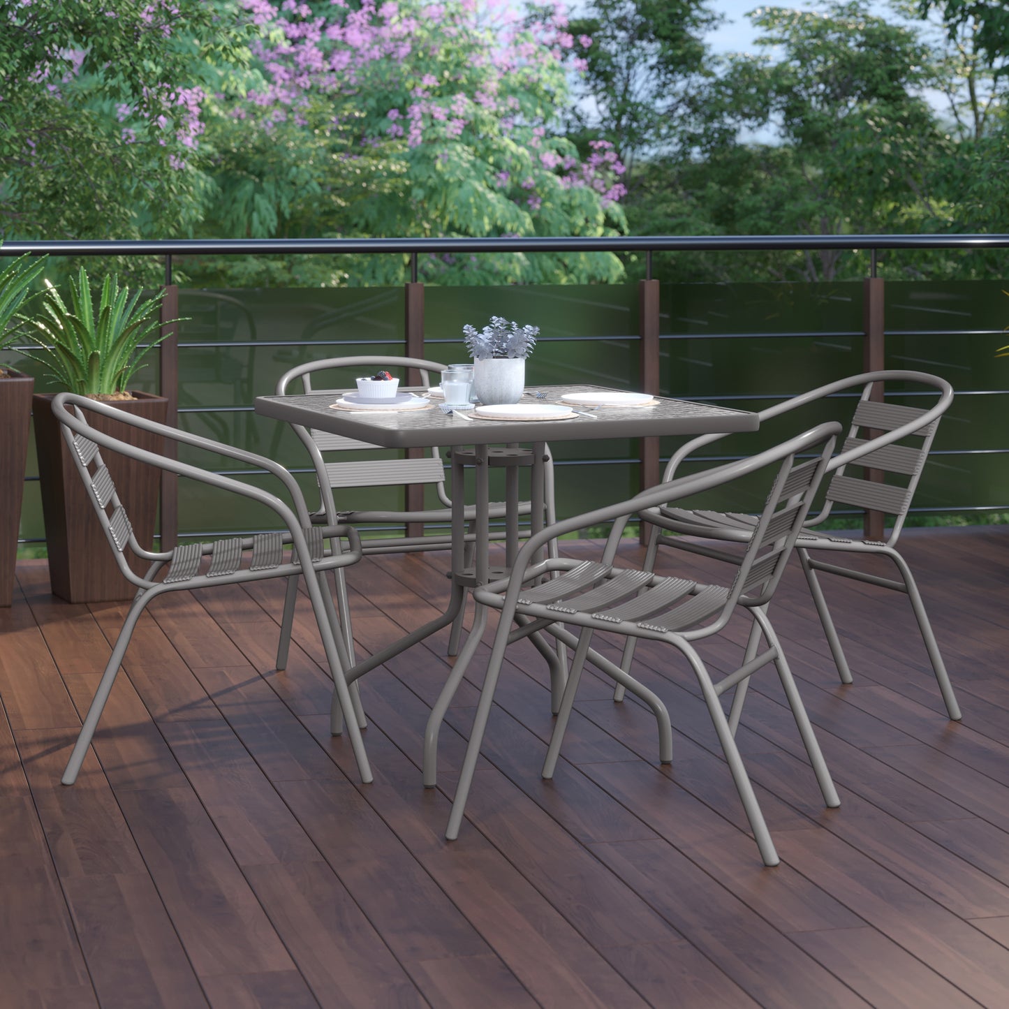 Lila 31.5'' Square Glass Top Metal Table with 4 Silver Aluminum Slat Stack Chairs Silver