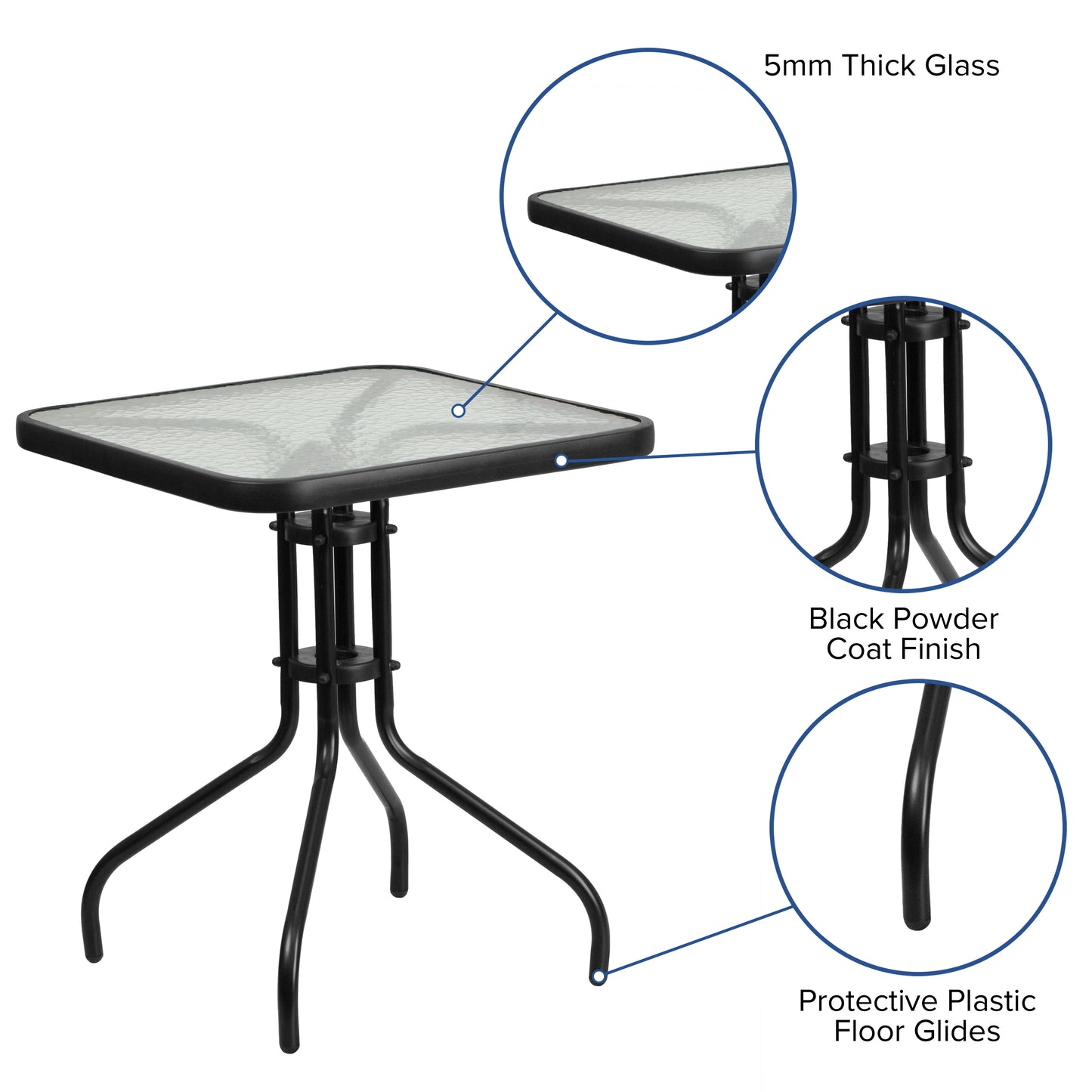 Barker 23.5'' Square Tempered Glass Metal Table Clear Top/Black Frame TLH-073A-1-GG