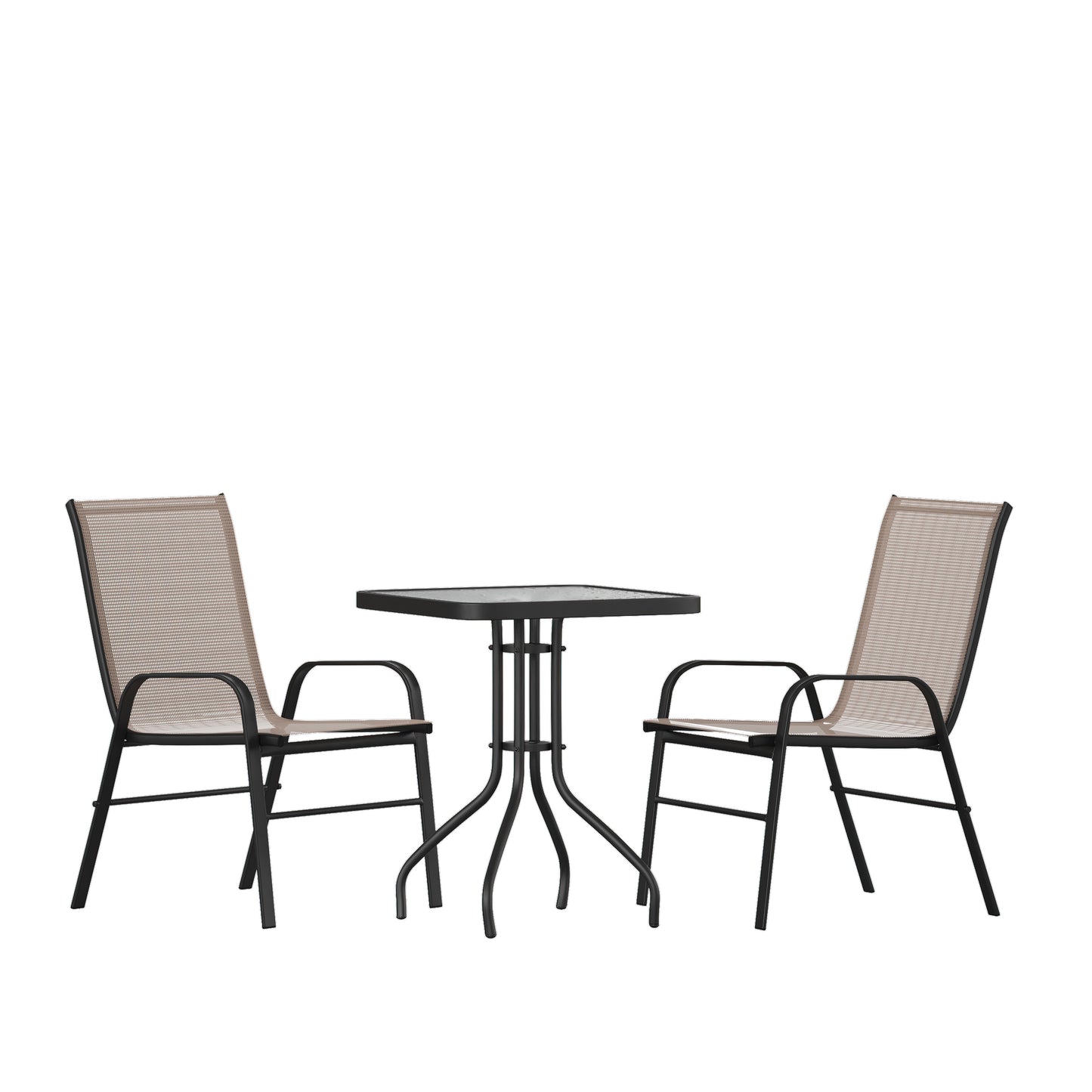Brazos 3 Piece Outdoor Patio Dining Set - 23.5" Square Tempered Glass Patio Table, 2 Brown Flex Comfort Stack Chairs Brown