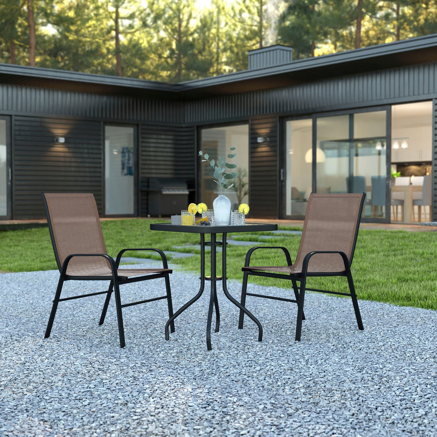 Brazos 3 Piece Outdoor Patio Dining Set - 23.5" Square Tempered Glass Patio Table, 2 Brown Flex Comfort Stack Chairs Brown