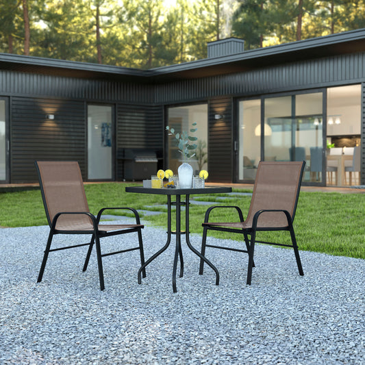 Brazos 3 Piece Outdoor Patio Dining Set - 23.5" Square Tempered Glass Patio Table, 2 Brown Flex Comfort Stack Chairs Brown TLH-073A1303C-BN-GG