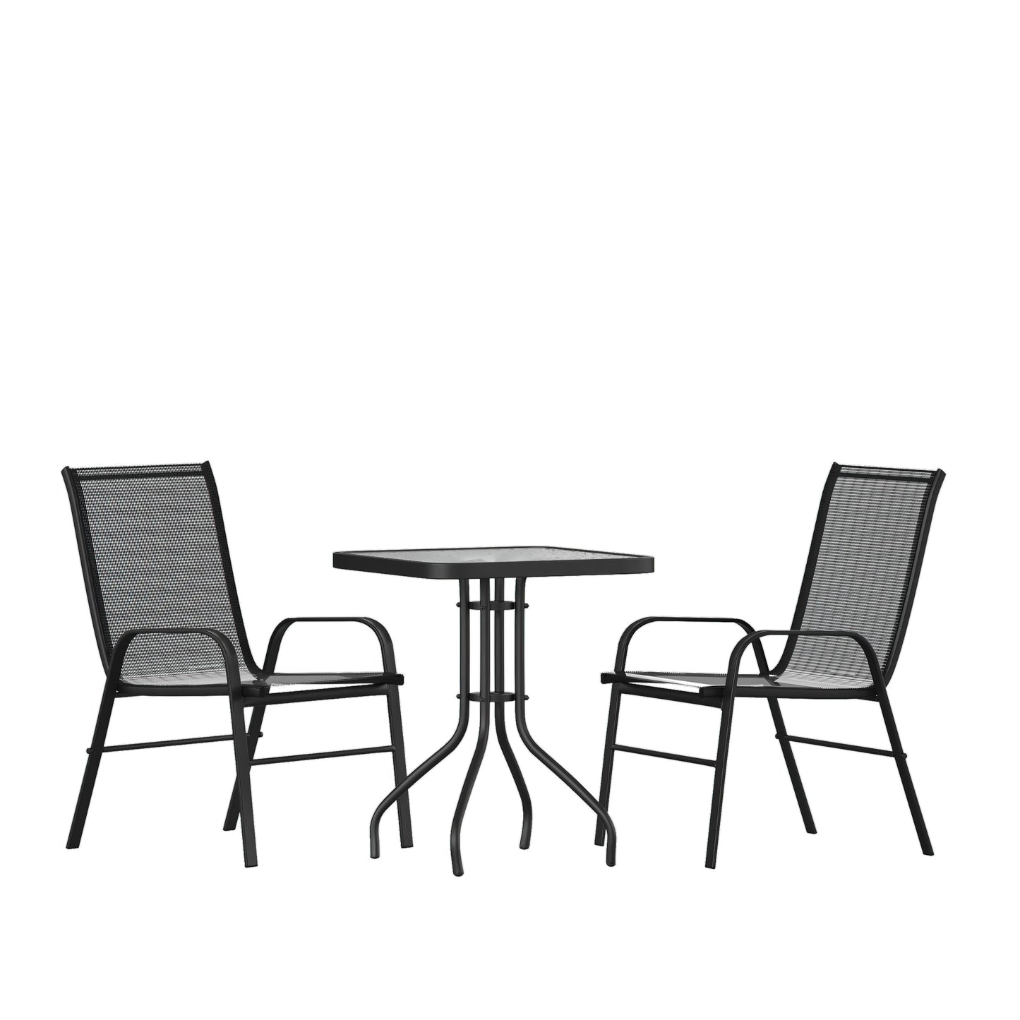 Brazos 3 Piece Outdoor Patio Dining Set - 23.5" Square Tempered Glass Patio Table, 2 Black Flex Comfort Stack Chairs Black
