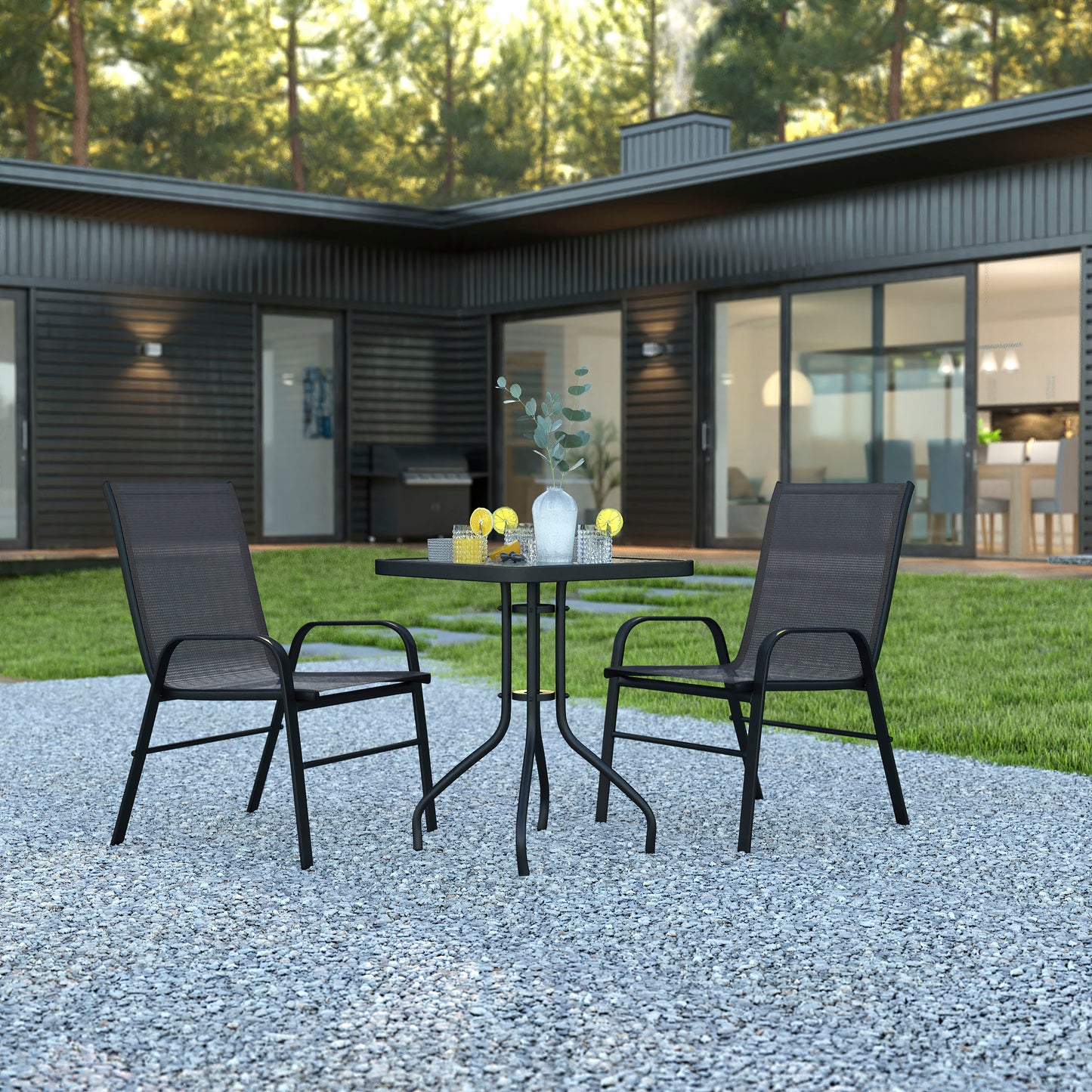 Brazos 3 Piece Outdoor Patio Dining Set - 23.5" Square Tempered Glass Patio Table, 2 Black Flex Comfort Stack Chairs Black
