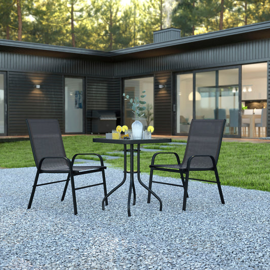 Brazos 3 Piece Outdoor Patio Dining Set - 23.5" Square Tempered Glass Patio Table, 2 Black Flex Comfort Stack Chairs Black TLH-073A1303C-GG