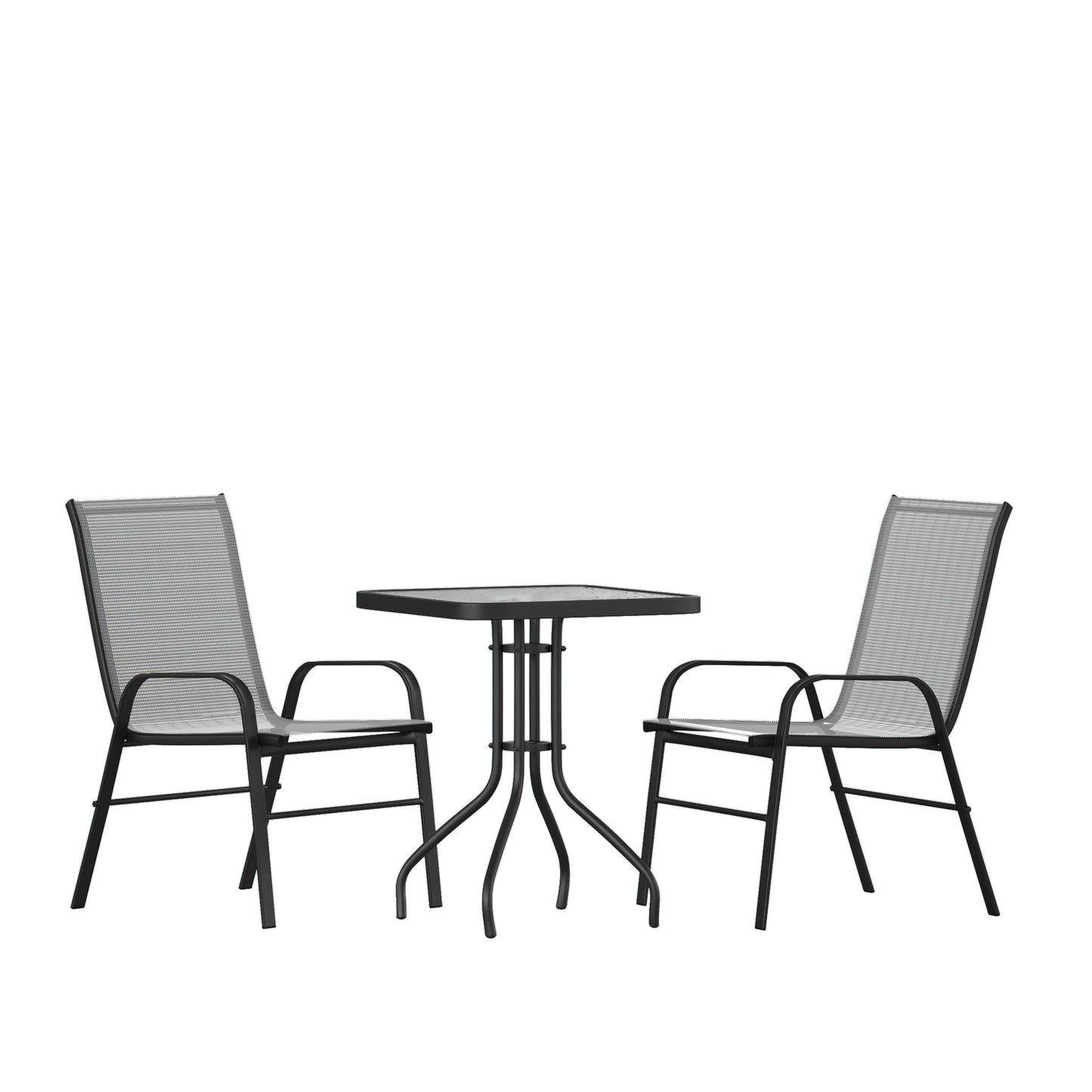 Brazos 3 Piece Outdoor Patio Dining Set - 23.5" Square Tempered Glass Patio Table, 2 Gray Flex Comfort Stack Chairs Gray