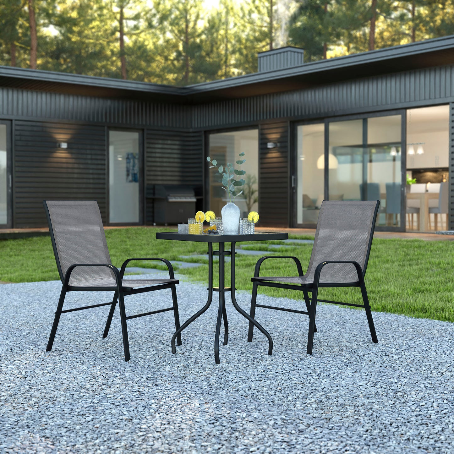 Brazos 3 Piece Outdoor Patio Dining Set - 23.5" Square Tempered Glass Patio Table, 2 Gray Flex Comfort Stack Chairs Gray