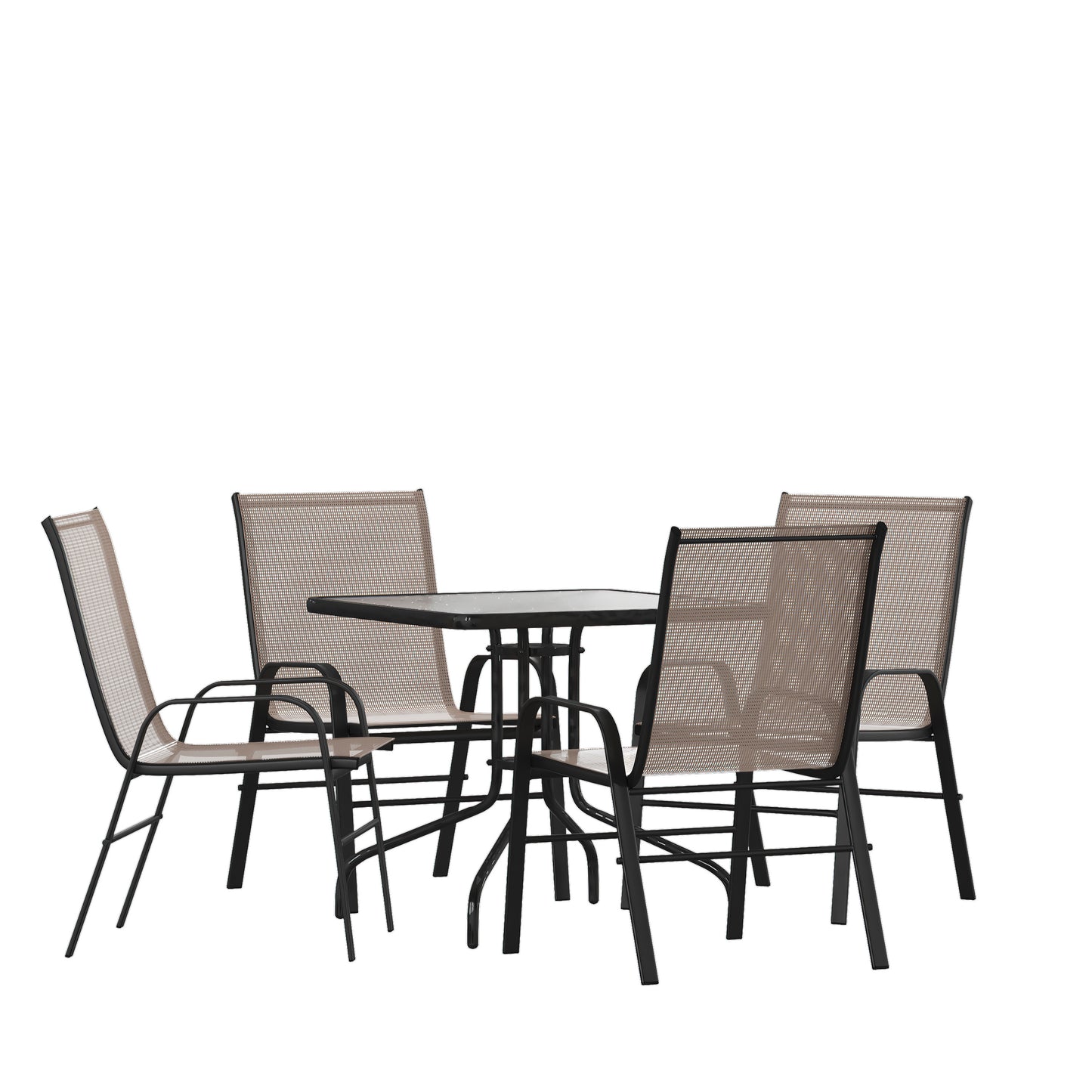 Brazos 5 Piece Outdoor Patio Dining Set - 31.5" Square Tempered Glass Patio Table, 4 Brown Flex Comfort Stack Chairs Brown