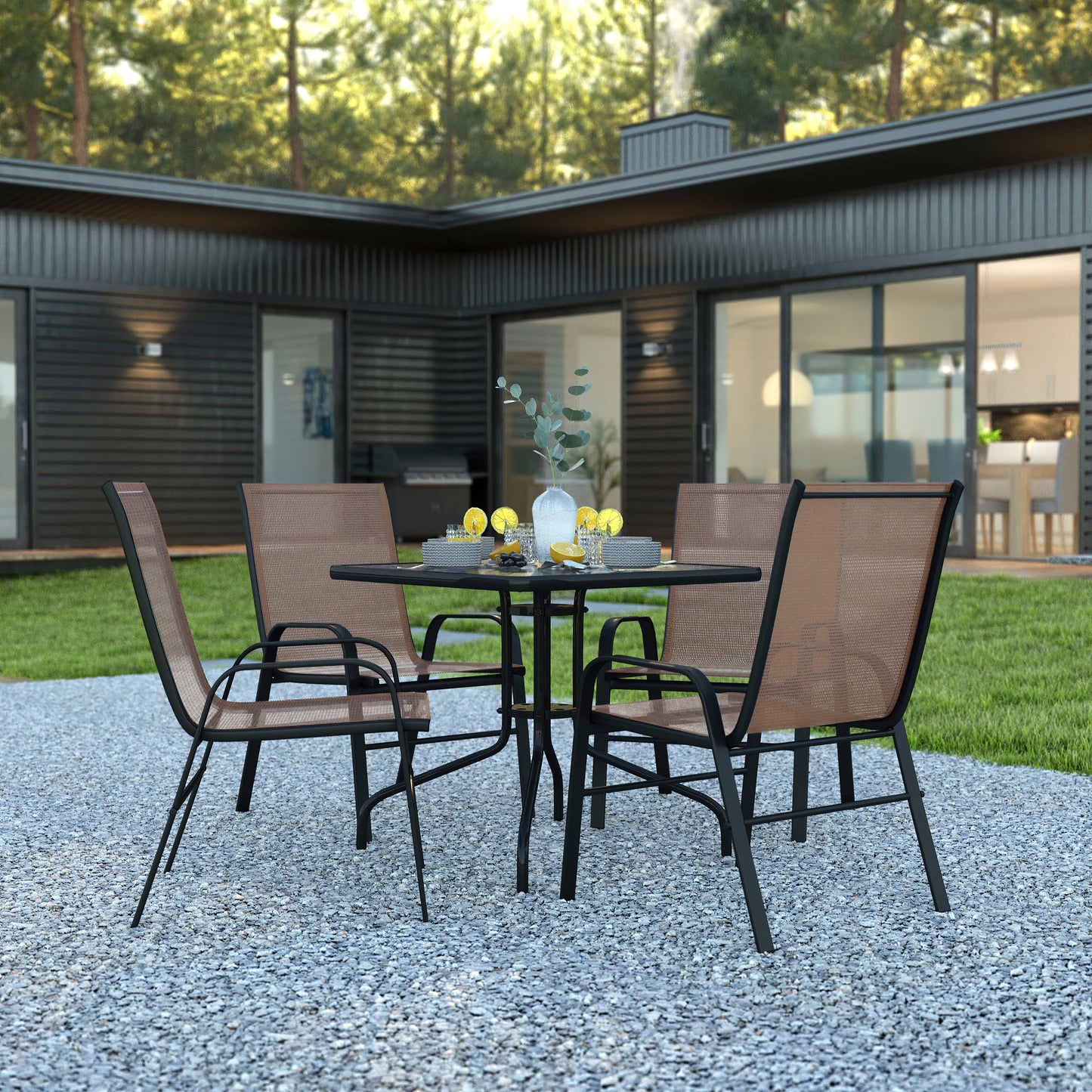 Brazos 5 Piece Outdoor Patio Dining Set - 31.5" Square Tempered Glass Patio Table, 4 Brown Flex Comfort Stack Chairs Brown