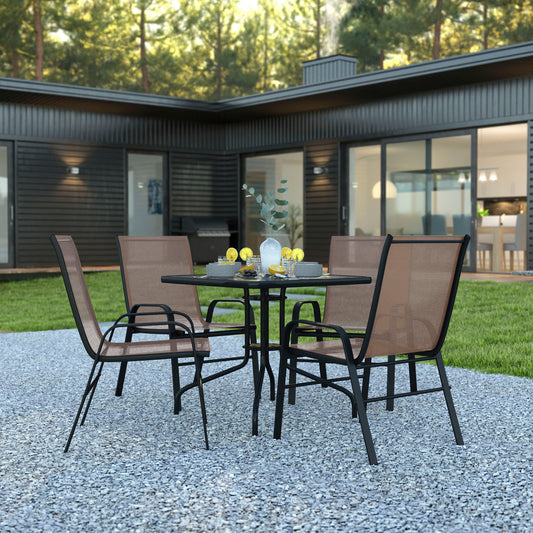 Brazos 5 Piece Outdoor Patio Dining Set - 31.5" Square Tempered Glass Patio Table, 4 Brown Flex Comfort Stack Chairs Brown TLH-073A2303C-BN-GG