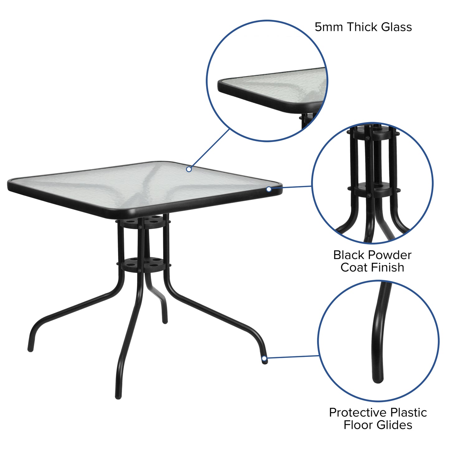 Brazos 5 Piece Outdoor Patio Dining Set - 31.5" Square Tempered Glass Patio Table, 4 Brown Flex Comfort Stack Chairs Brown