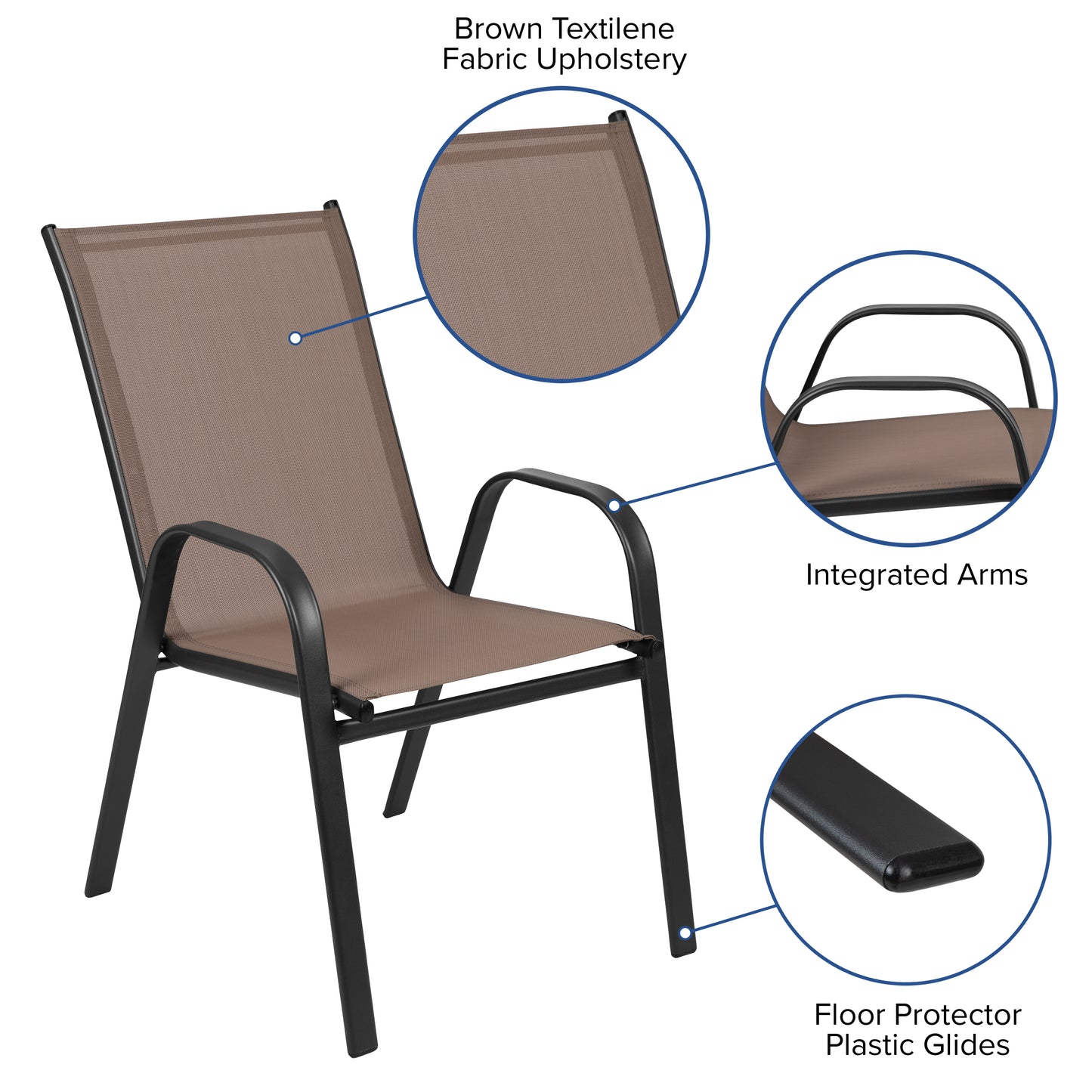 Brazos 5 Piece Outdoor Patio Dining Set - 31.5" Square Tempered Glass Patio Table, 4 Brown Flex Comfort Stack Chairs Brown