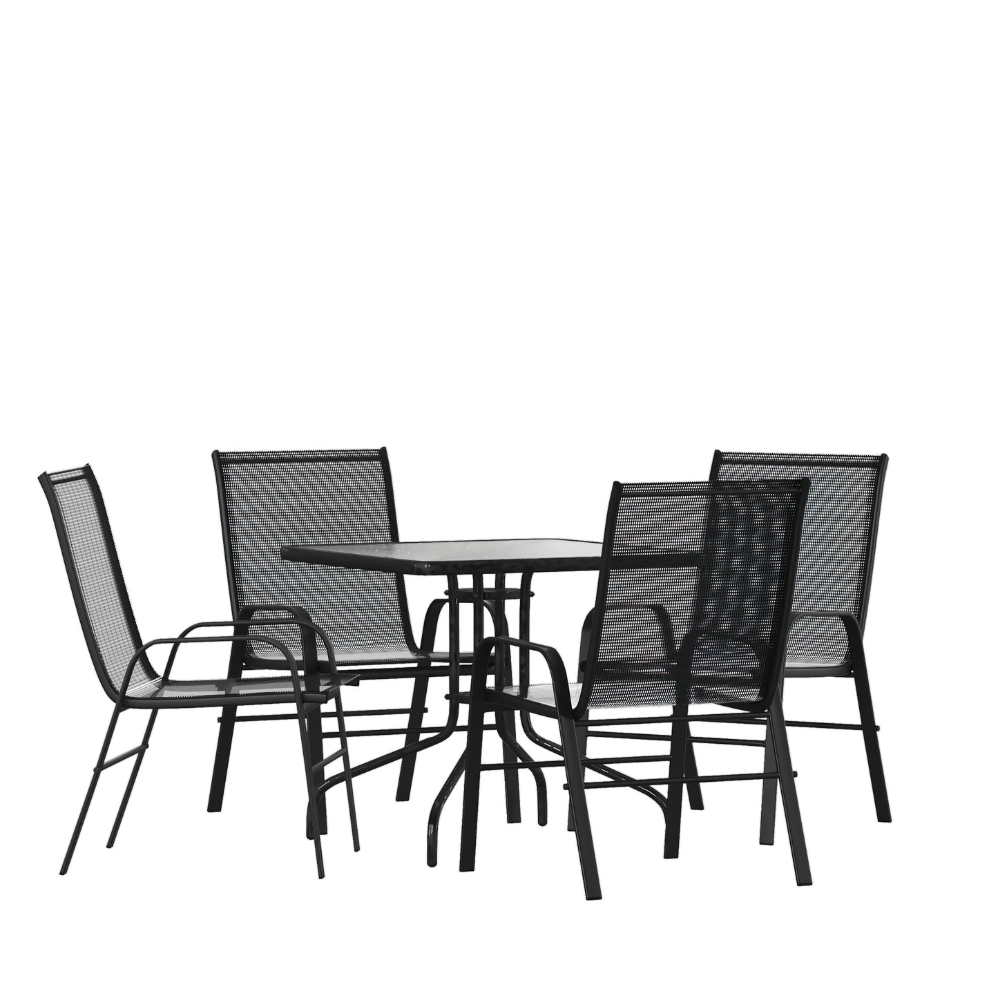 Brazos 5 Piece Outdoor Patio Dining Set - 31.5" Square Tempered Glass Patio Table, 4 Black Flex Comfort Stack Chairs Black