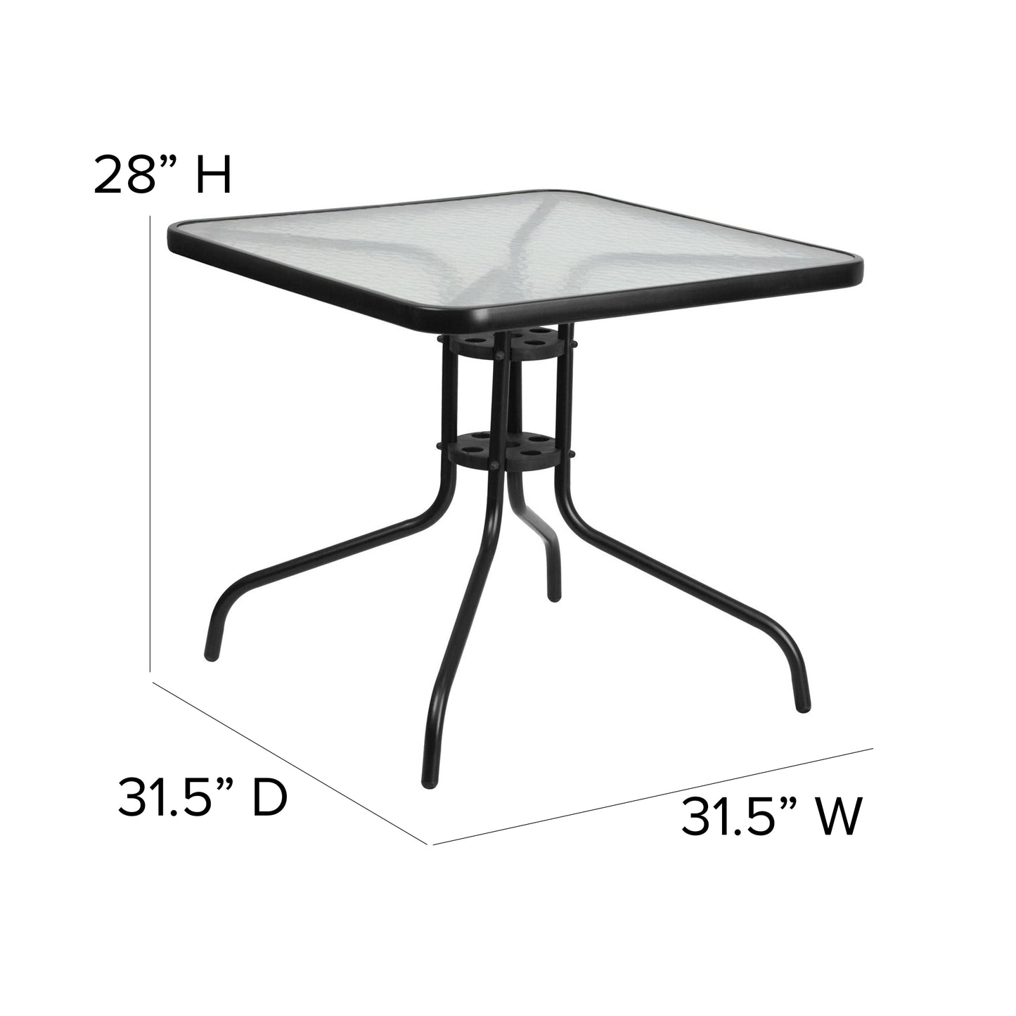 Brazos 5 Piece Outdoor Patio Dining Set - 31.5" Square Tempered Glass Patio Table, 4 Black Flex Comfort Stack Chairs Black