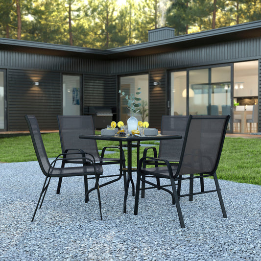 Brazos 5 Piece Outdoor Patio Dining Set - 31.5" Square Tempered Glass Patio Table, 4 Black Flex Comfort Stack Chairs Black TLH-073A2303C-GG