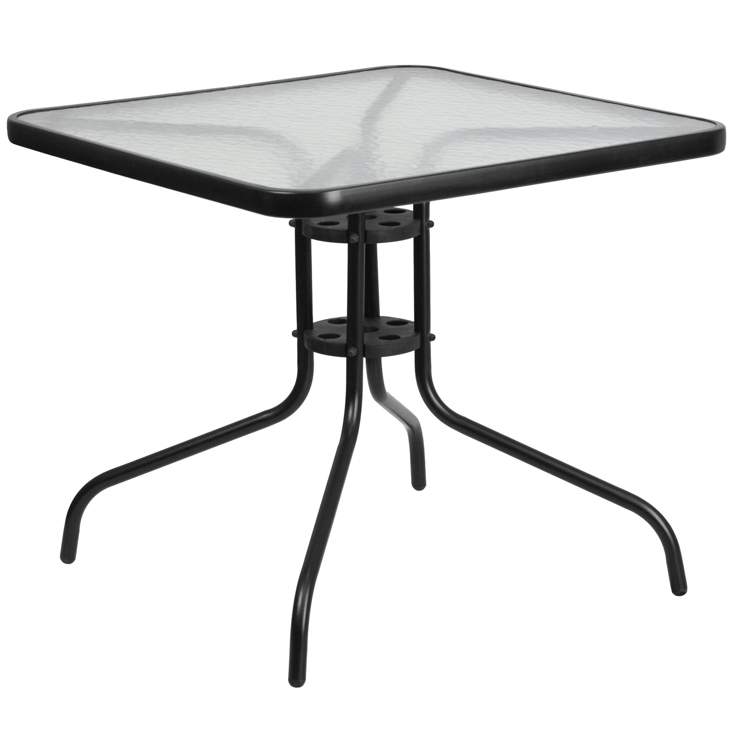 Brazos 5 Piece Outdoor Patio Dining Set - 31.5" Square Tempered Glass Patio Table, 4 Black Flex Comfort Stack Chairs Black