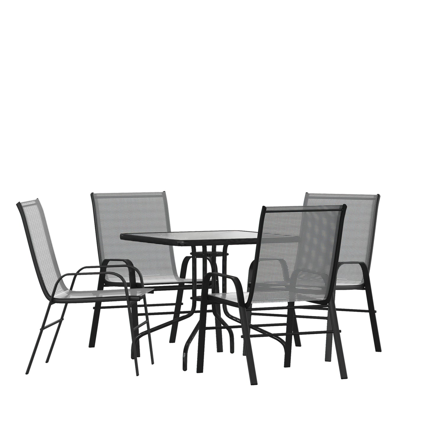 Brazos 5 Piece Outdoor Patio Dining Set - 31.5" Square Tempered Glass Patio Table, 4 Gray Flex Comfort Stack Chairs Gray
