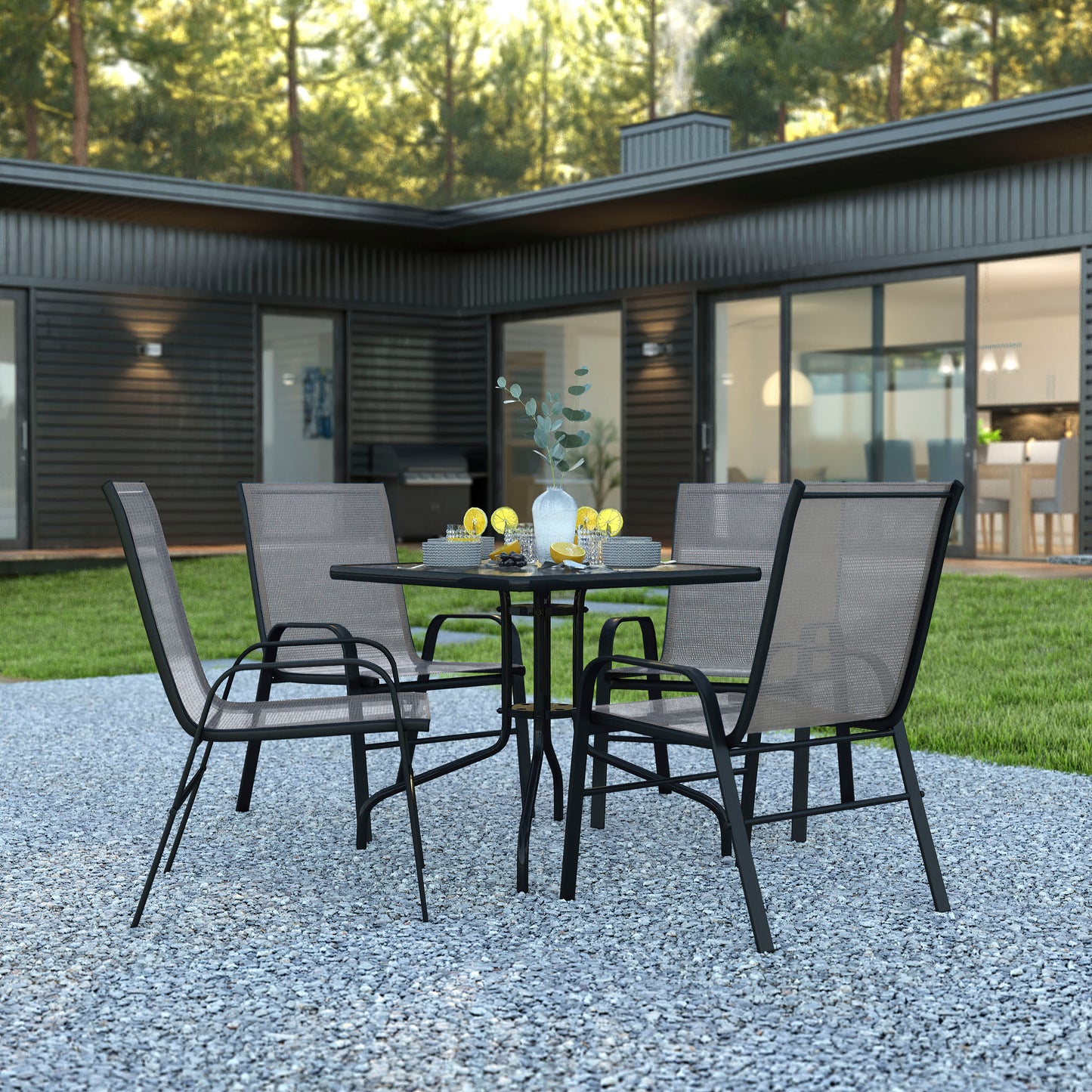 Brazos 5 Piece Outdoor Patio Dining Set - 31.5" Square Tempered Glass Patio Table, 4 Gray Flex Comfort Stack Chairs Gray