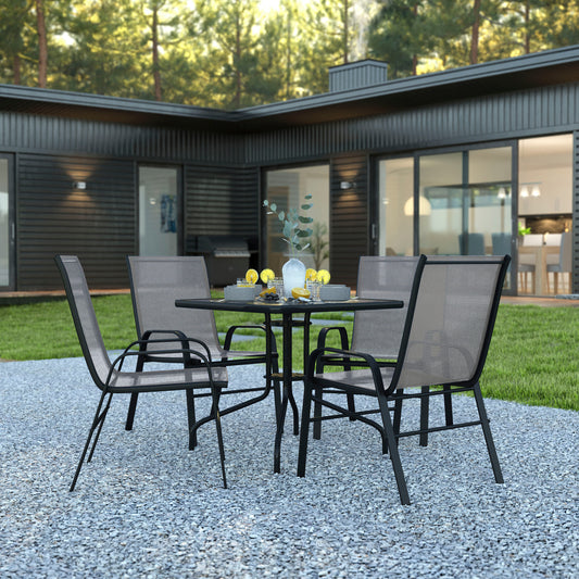 Brazos 5 Piece Outdoor Patio Dining Set - 31.5" Square Tempered Glass Patio Table, 4 Gray Flex Comfort Stack Chairs Gray TLH-073A2303C-GY-GG