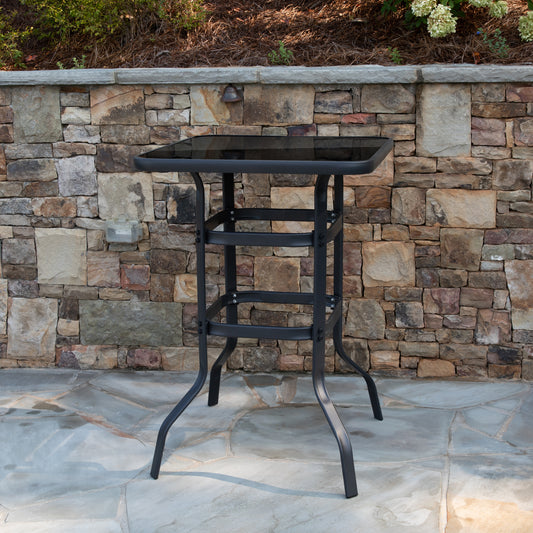 Barker 27.5" Square Black Tempered Glass Bar Height Metal Patio Bar Table Clear Top/Black Frame TLH-073H-B-GG
