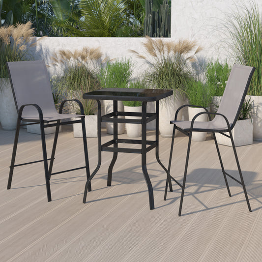 Brazos Outdoor Dining Set - 2-Person Bistro Set - Brazos Outdoor Glass Bar Table with Gray All-Weather Patio Stools Gray TLH-073H092H-GR-GG