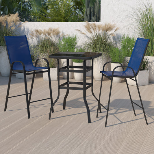 Brazos Outdoor Dining Set - 2-Person Bistro Set - Brazos Outdoor Glass Bar Table with Navy All-Weather Patio Stools Navy TLH-073H092H-NV-GG