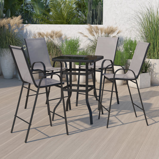 Brazos Outdoor Dining Set - 4-Person Bistro Set - Brazos Outdoor Glass Bar Table with Gray All-Weather Patio Stools Gray TLH-073H092H4-GR-GG
