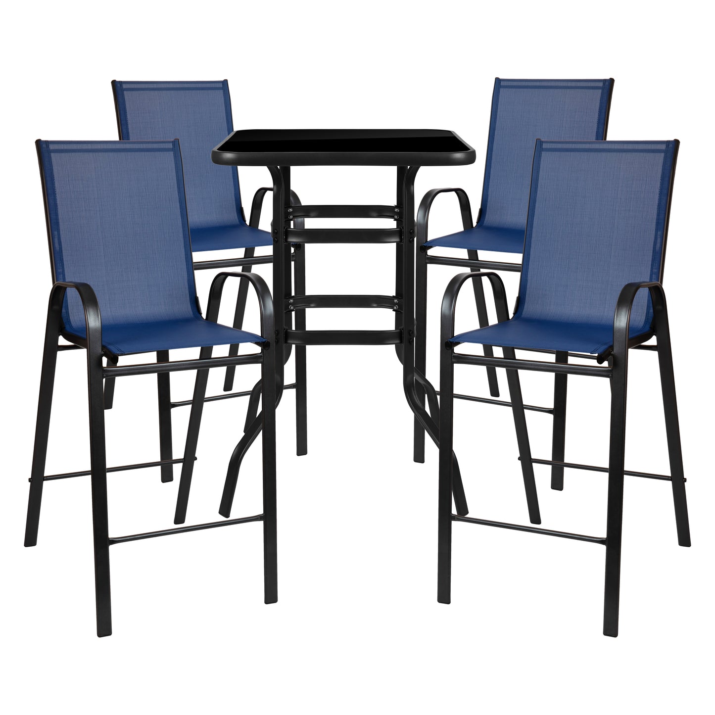 Brazos Outdoor Dining Set - 4-Person Bistro Set - Brazos Outdoor Glass Bar Table with Navy All-Weather Patio Stools Navy TLH-073H092H4-NV-GG