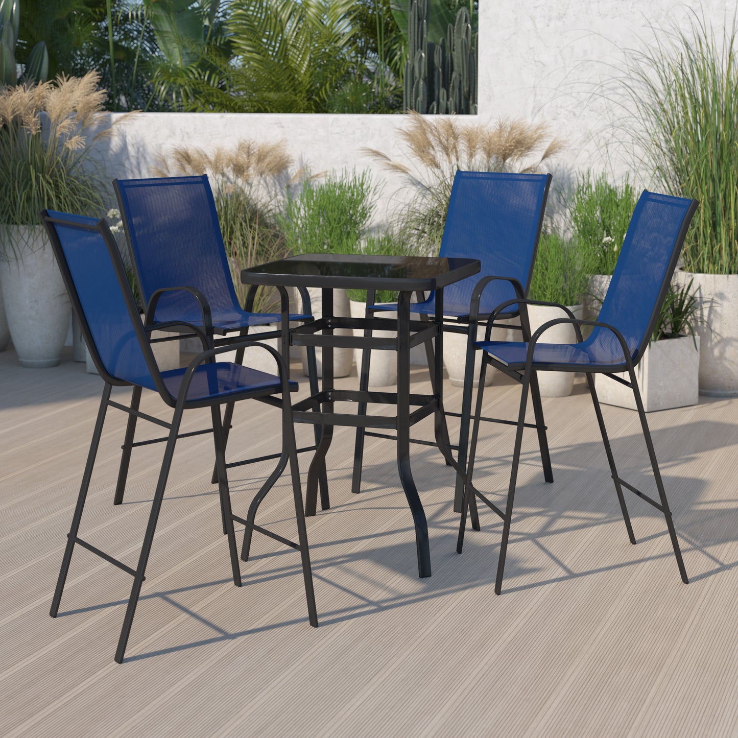 Brazos Outdoor Dining Set - 4-Person Bistro Set - Brazos Outdoor Glass Bar Table with Navy All-Weather Patio Stools Navy TLH-073H092H4-NV-GG