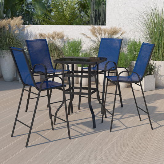 Brazos Outdoor Dining Set - 4-Person Bistro Set - Brazos Outdoor Glass Bar Table with Navy All-Weather Patio Stools Navy TLH-073H092H4-NV-GG