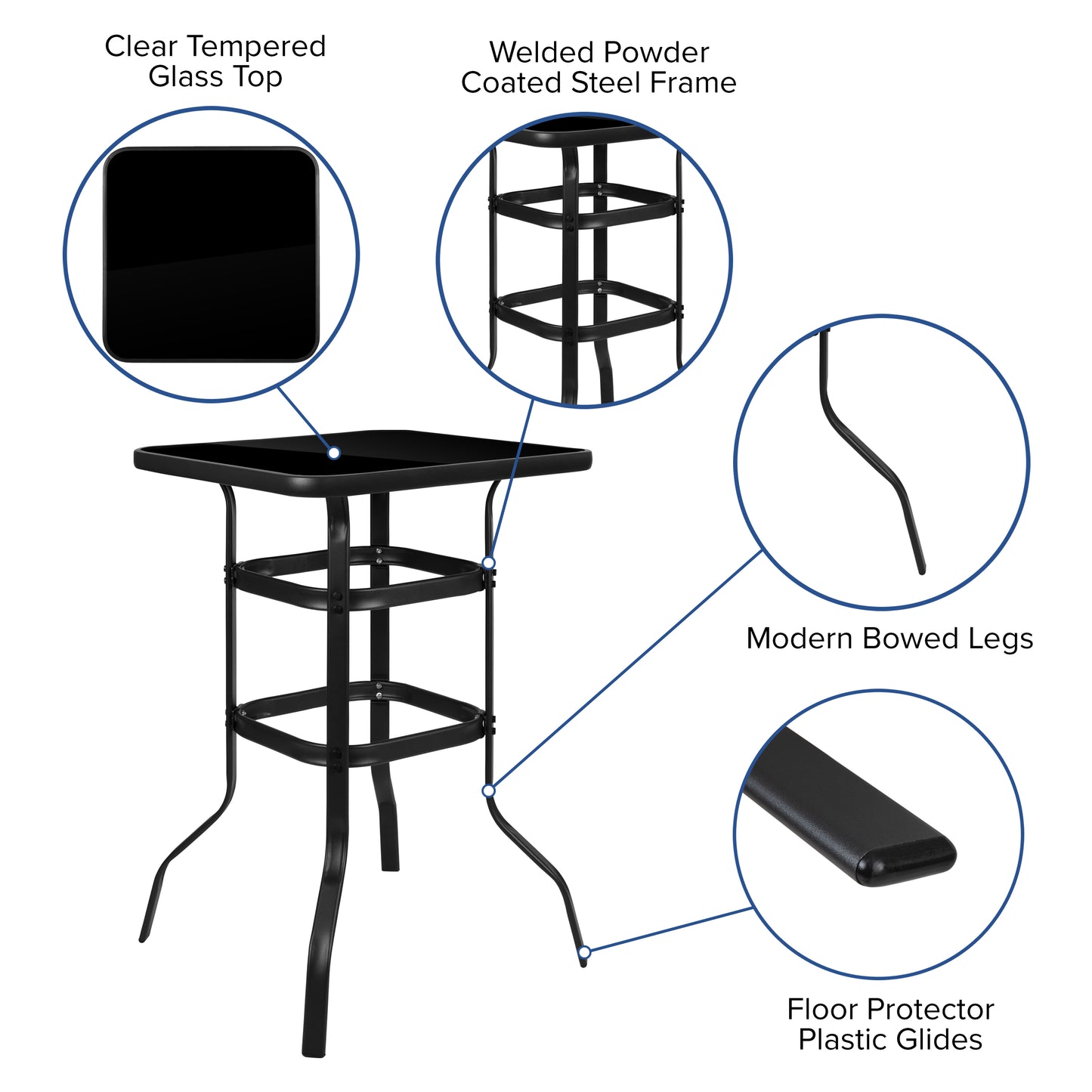 Brazos Outdoor Dining Set - 4-Person Bistro Set - Brazos Outdoor Glass Bar Table with Navy All-Weather Patio Stools Navy TLH-073H092H4-NV-GG