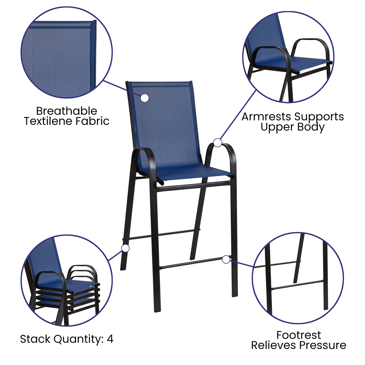Brazos Outdoor Dining Set - 4-Person Bistro Set - Brazos Outdoor Glass Bar Table with Navy All-Weather Patio Stools Navy TLH-073H092H4-NV-GG