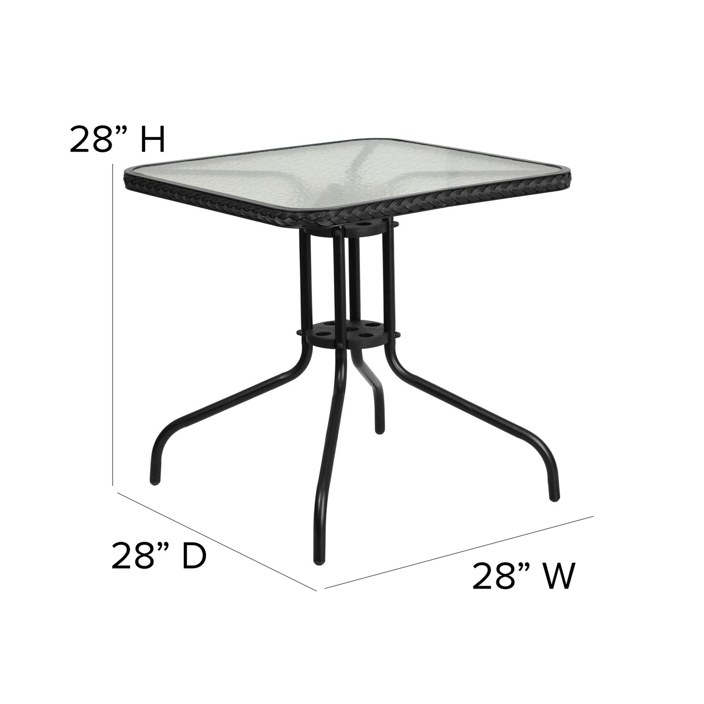 Barker 28'' Square Tempered Glass Metal Table with Black Rattan Edging Clear Top/Black Frame