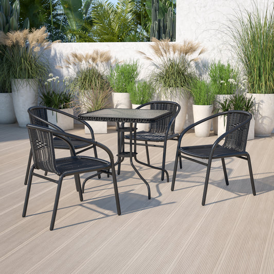 Barker 28'' Square Tempered Glass Metal Table with Black Rattan Edging Clear Top/Black Frame TLH-073R-BK-GG
