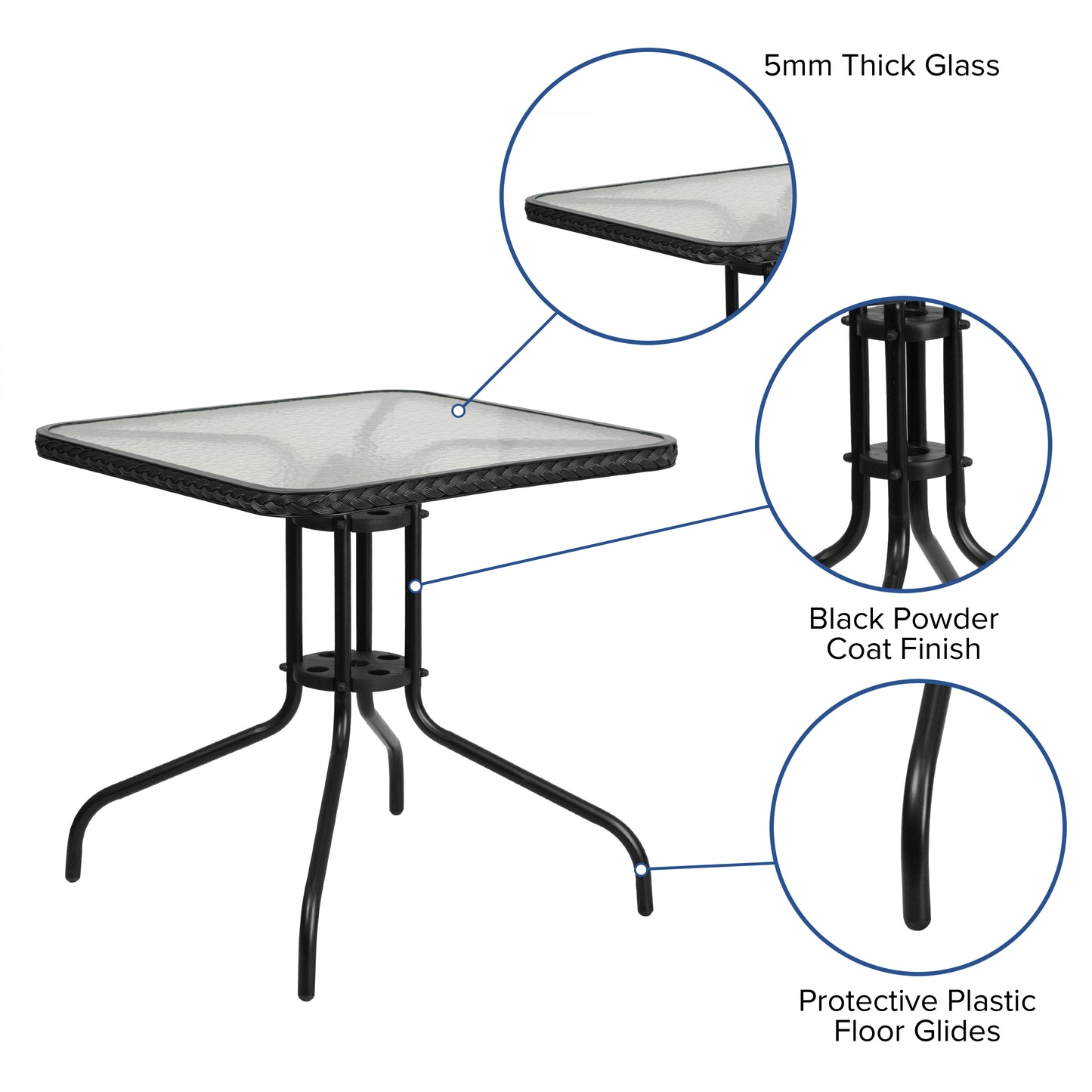 Barker 28'' Square Tempered Glass Metal Table with Black Rattan Edging Clear Top/Black Frame