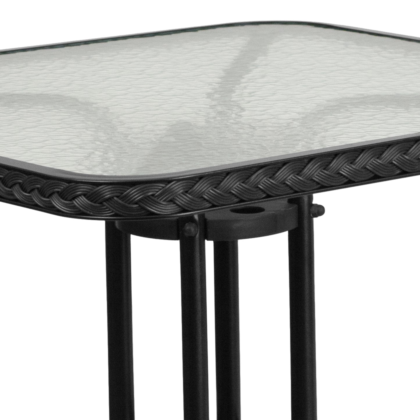 Barker 28'' Square Tempered Glass Metal Table with Black Rattan Edging Clear Top/Black Frame